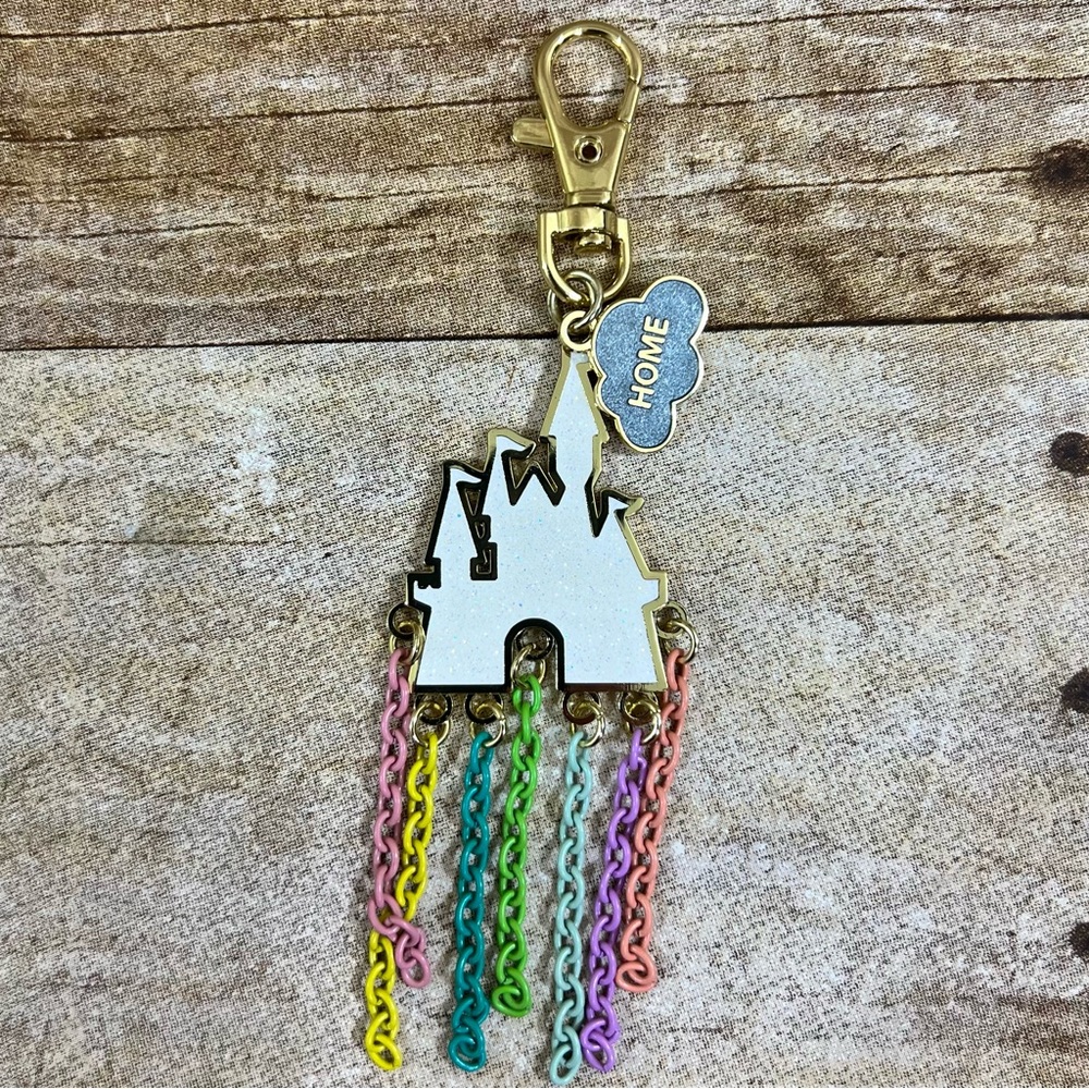 Disney Parks Home Castle Keychain White Enamel Rainbow Dangle Chains Gold Tone